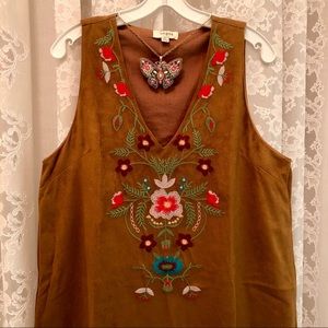 UMGEE *NWT Boho Brown Ultrasuede Embroidered Dress